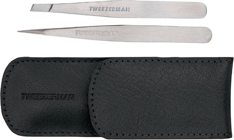 Tweezerman Petite Tweeze Set with Travel Case - Point and Slant Tweezers, Tweezers for Travel (Black Case)