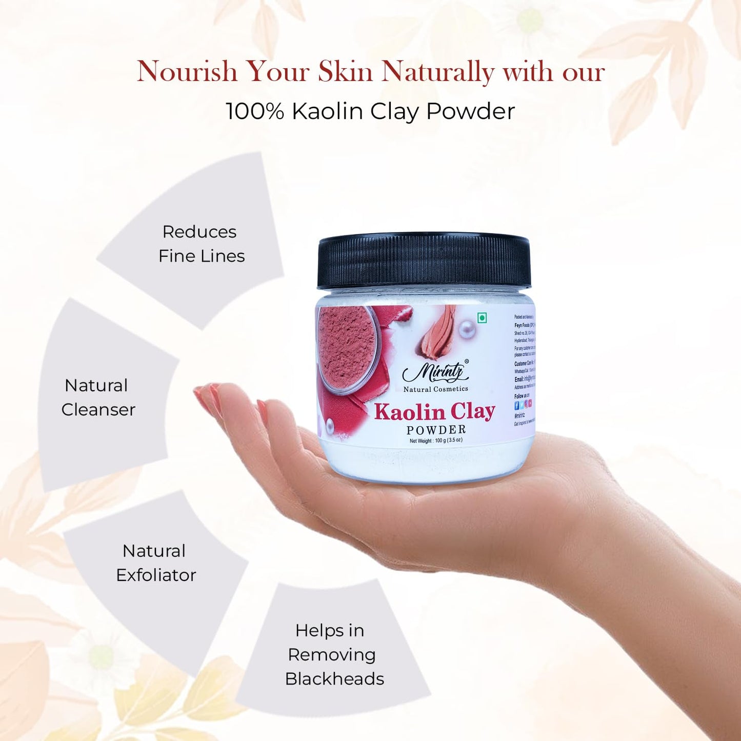Mirintz 100% Kaolin Clay Powder | (100 gms) Clay Mask for Face | Hydrating & Exfoliating Face Mask | Perfect for Natural DIY Skin Cleansers, Masks & Scrubs | Kaolin Clay Face Masks Skincare