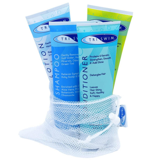 TRISWIM Shot Set in Travel Bag | 2oz Travel Size Chlorine Removal Shampoo, Swimmer’s Conditioner, Swim Body Wash and Lotion | Removes Chlorine, Bromine, Hard Water Minerals & Saltwater and odors