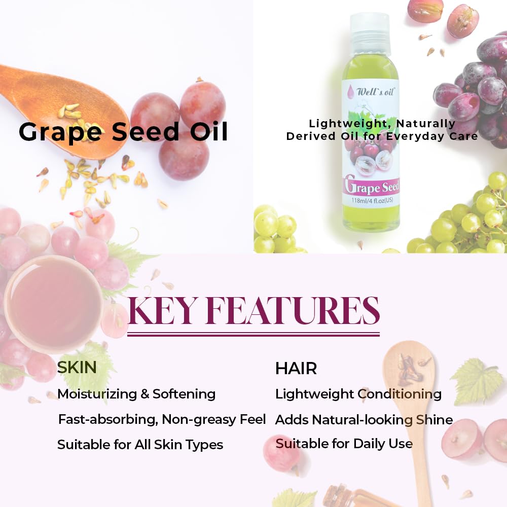GRAPESEED OIL | 4oz (118ml) | All-Natural | For Hair, Skin & Nails | Moisturizer for Sensitive Skin Types | Refined, Cold Pressed | by Well's Oil