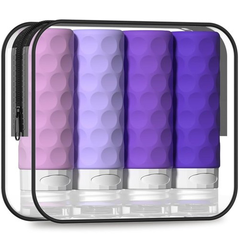 Silevoler Travel Bottles for Toiletries, 4pcs Tsa Approved 3oz Travel Size Containers, BPA Free Leak Proof Premium Silicone Travel Bottles, Refillable Liquid Travel Accessories W/Toiletry Bag(Purple)