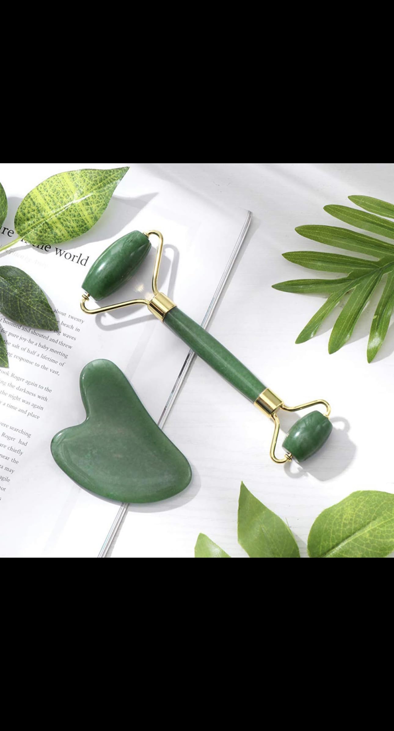 Jade Roller and Gua Sha Set, Natural Green Stone Facial Massage Tools with Gold Accents, 2-Piece Beauty Kit