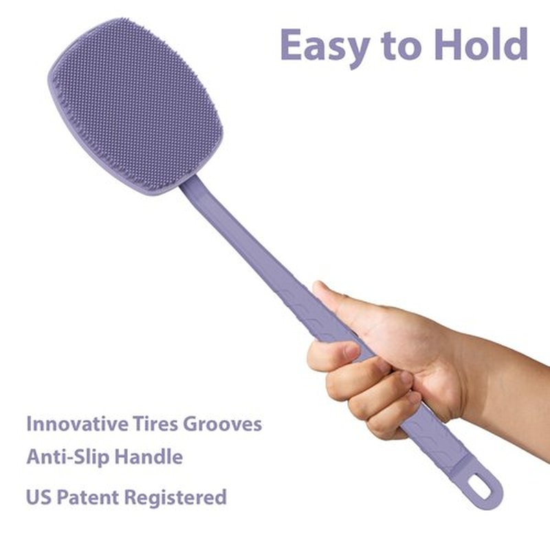 iTokGoK® All New Premium Silicone Back Scrubber with Tire Anti-Slip Long Handle for Shower, Gentle Exfoliating and Massage Brush Scrubber for Sensitive Skin for Men and Women (Lavender)