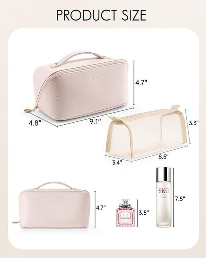 Vlando Makeup Travel Bag, PU Leather Portable Make up Organizer Bag Open Flat Toiletry Bag with Handle and Divider Gifts for Traveler Women Girls Apricot White