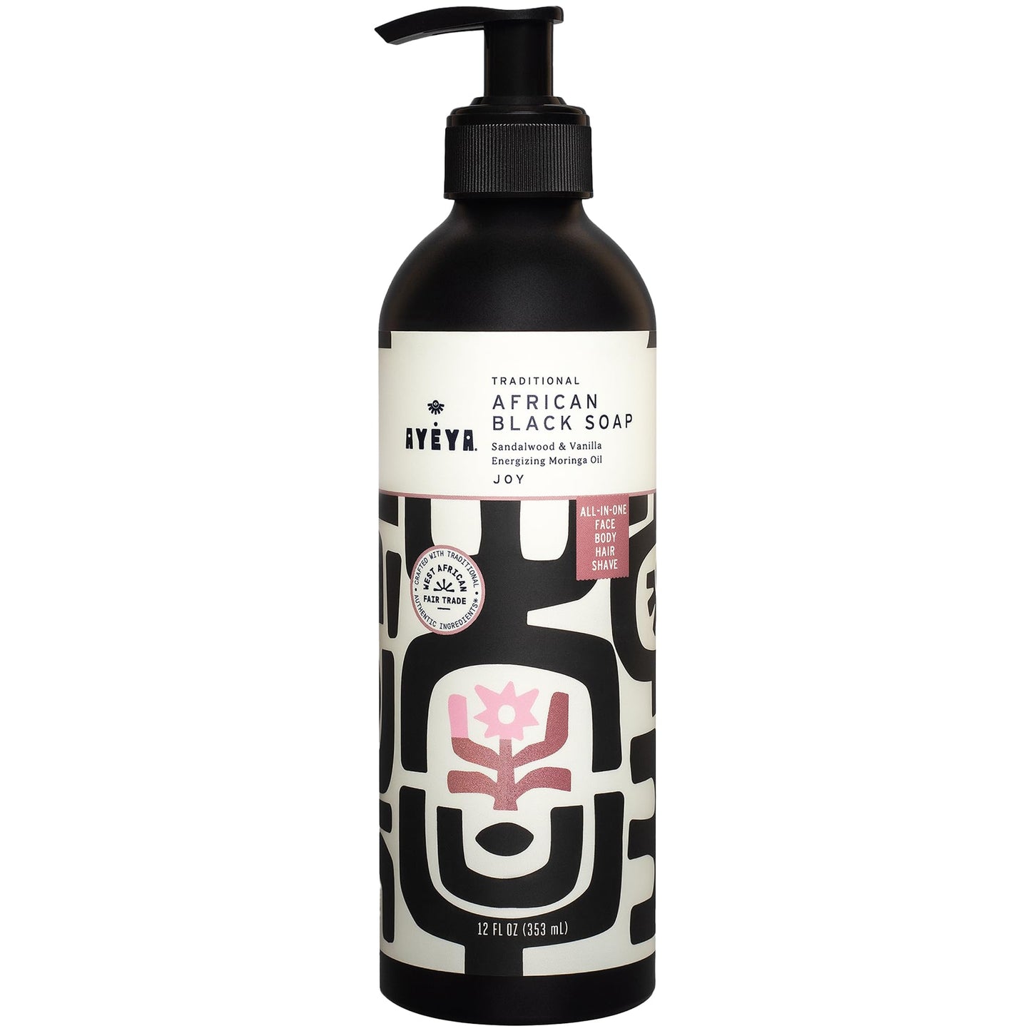 AYÉYA Liquid African Black Soap – Joy | Sandalwood, Vanilla & Moringa for Radiance | Vegan Hydrating Face & Body Wash | Natural African Soap with Shea | Handmade in Ghana | 12 Fl Oz