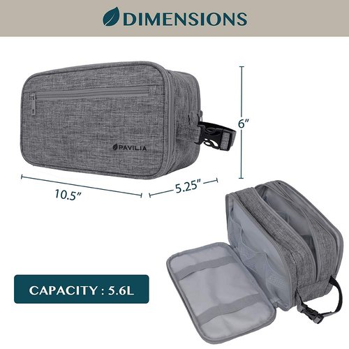 PAVILIA Toiletry Bag for Men, Travel Toiletries Bag | Water-resistant Dopp Kit, Shaving Pouch Organizer for Accessories, Cosmetic, Hygiene, Grooming Essentials (Heather Grey)