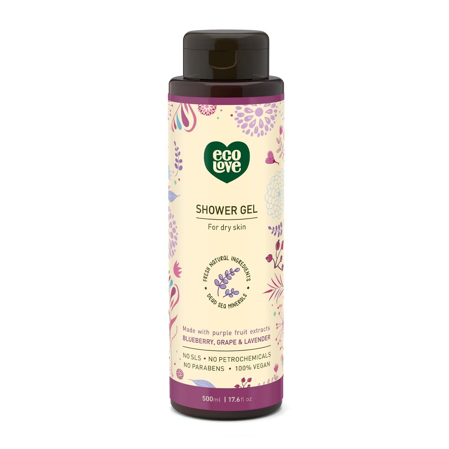ecoLove - Natural Moisturizing Body Wash for Dry Skin - Organic Blueberry, Grape & Lavender - No SLS or Parabens - Vegan and Cruelty-Free Shower Gel, 17.6 oz