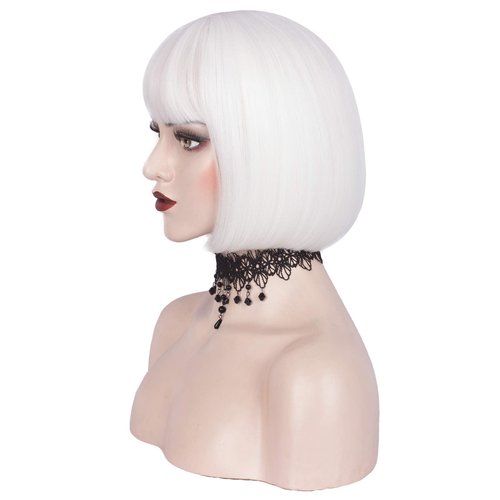 WeKen Bob White Wigs with Bangs Short White Full Bangs Wig for Black White Women Synthetic Halloween Cosplay Wig Daily Use 11 Inch