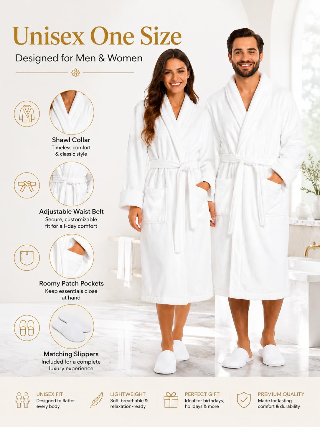 BIOLINEN 2 Pack Robes for Women Men 100% Cotton Terry Cloth Bathrobe with Slippers, Plush Spa Robe, Shawl Collar Bath Robe, Unisex One Size, White