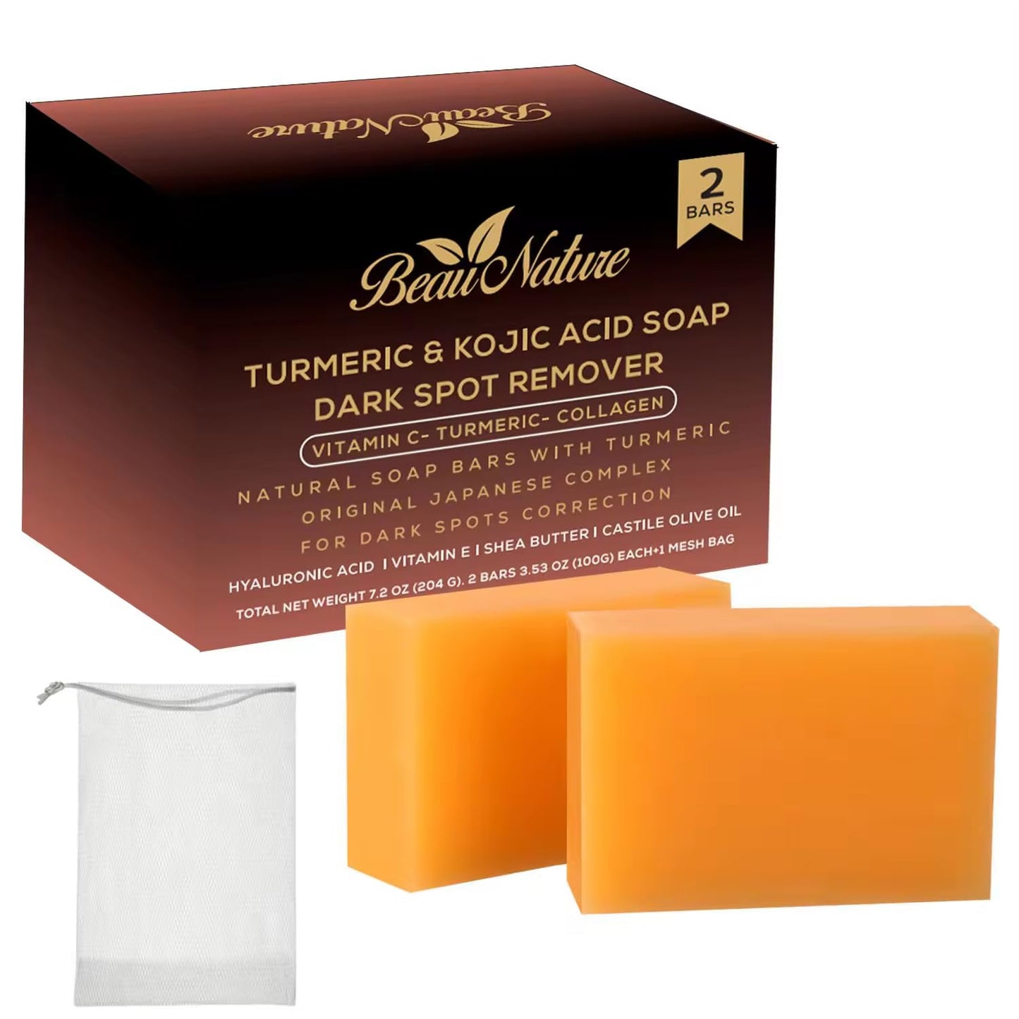 Beau Nature Kojic Acid Turmeric Soap Bar - Dark Spot Remover for Face Even Skin Tone, Moisturizing & Nourishing Natural Ingredients 2 Bars