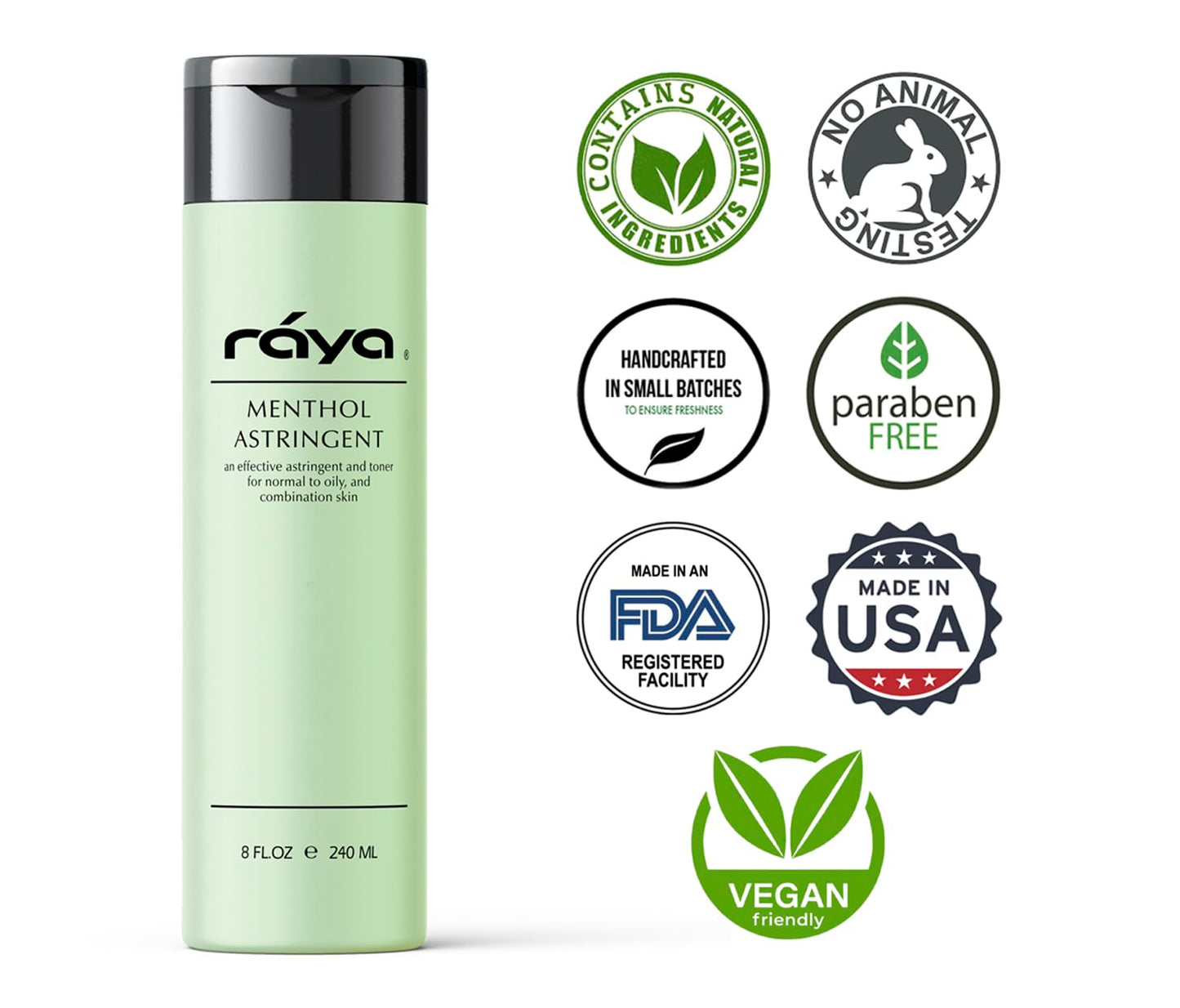 RAYA Menthol Astringent 8 oz (203) | Effective Facial Toner for Combination and Partially Oily Skin Prone to Break-Outs | Helps Refine, Tighten, and Protect pH Balance | Cools, Refreshes and Soothes
