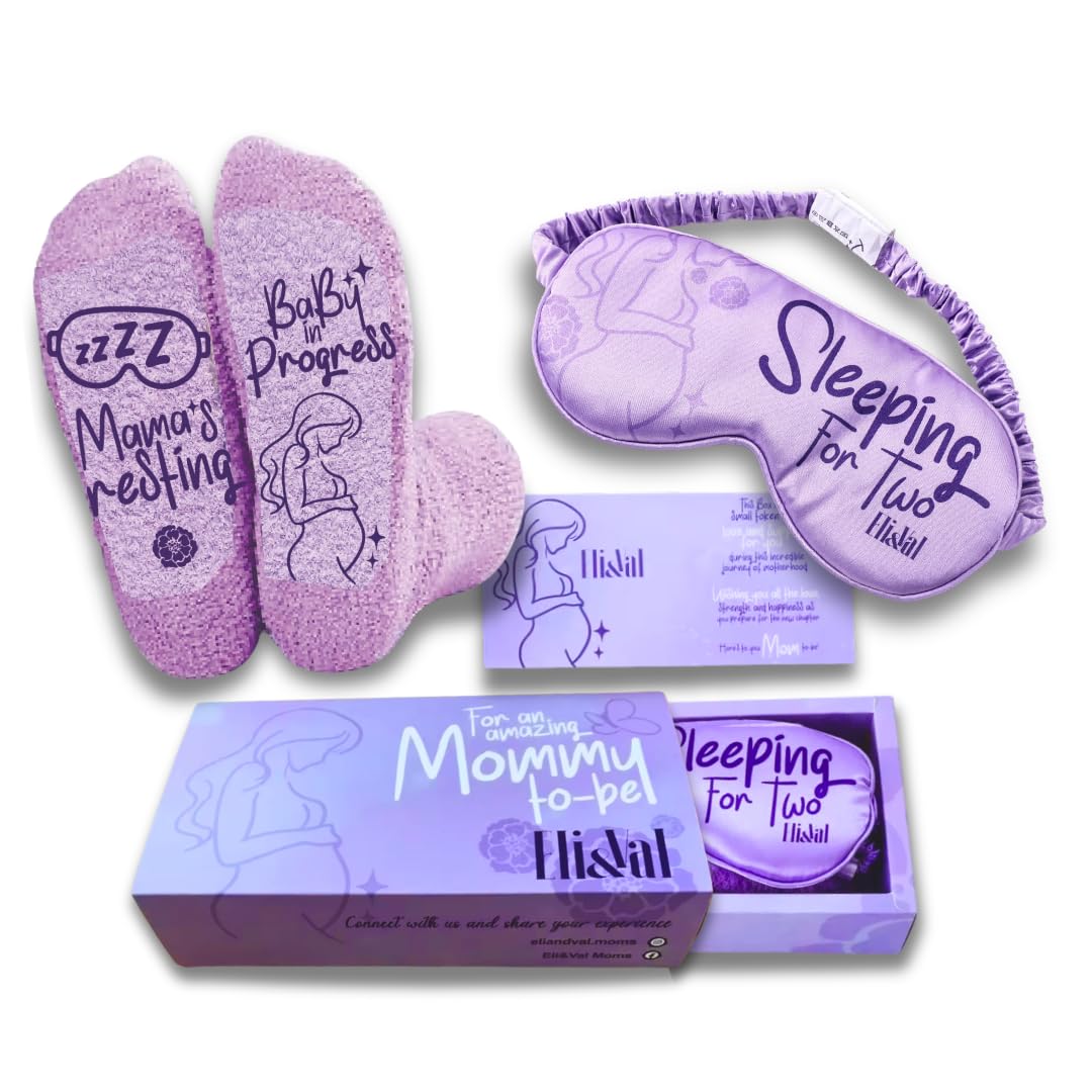 Eli & Val Mommy to Be Pregnancy Care Package – Soft Cotton Blend Maternity Sleep Mask with Elastic Closure and Fuzzy Socks Set, Purple