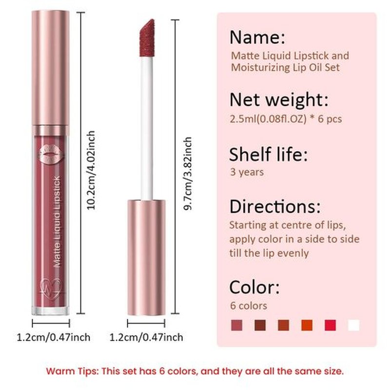 JUAAZIN 5Pcs Matte Liquid Lip Sticks + 1Pcs Liquid Lip Oil Set, Wine Dark Brown Sienna Firebrick Mordant Red Lipstick Set, Rich Colors Long-Lasting Wear Not Fade Waterproof Lip Gloss(set3