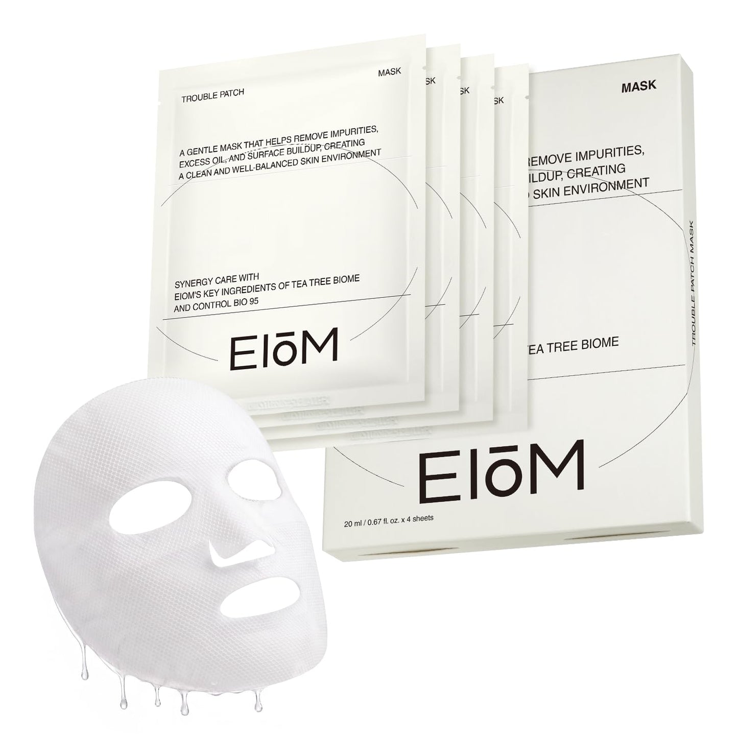 EIOM Trouble Patch Mask – Full Face Sheet Mask for Acne-Prone Skin | Sebum-Absorbing Oil Control, Pore Purifying, Tea Tree Biome, Korean Skincare Acne Face Mask, Hydrocolloid-Infused Sheet (20ml x 4)