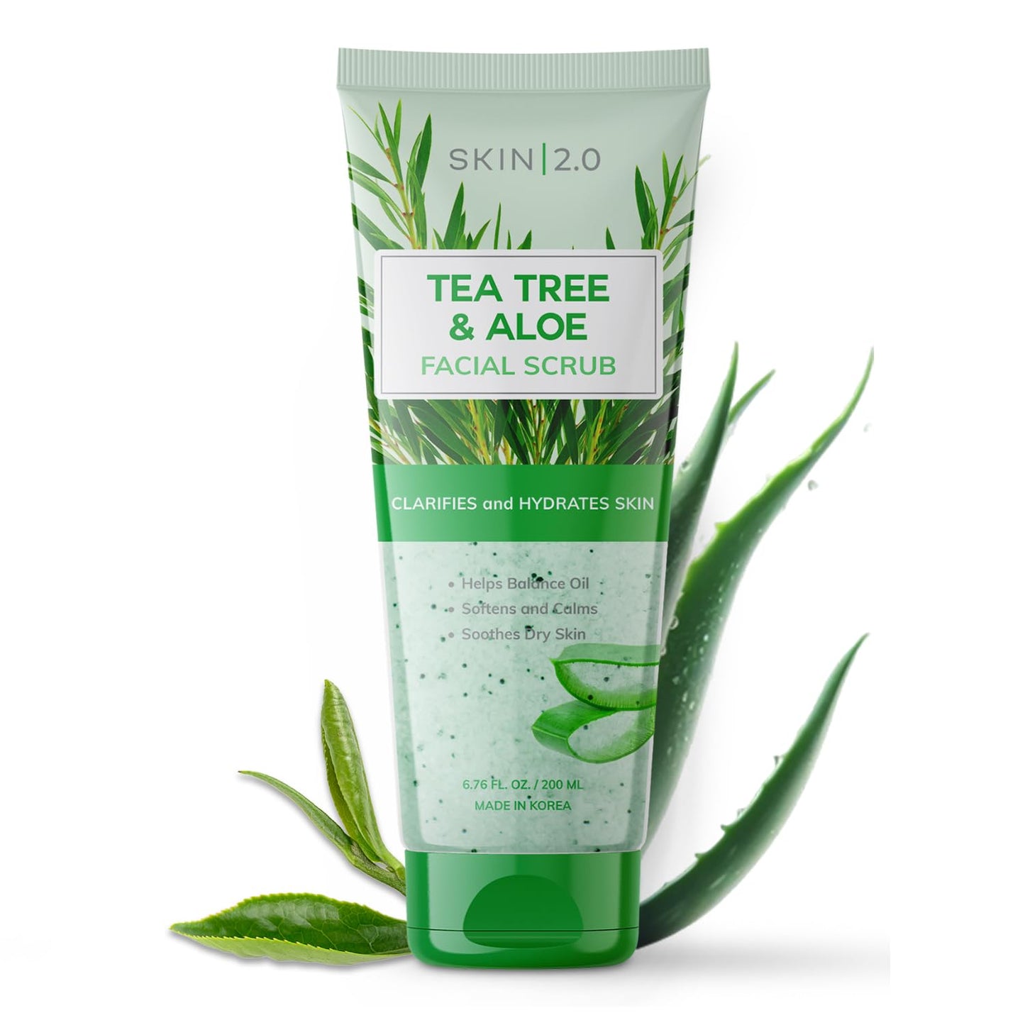 Skin 2.0 Tea Tree & Aloe Gentle Exfoliating Scrub - Dermatologist Tested, Multi-Tasking Cleanser, Clears Skin - Anti-Aging, Clean Beauty, Cruelty-Free Korean Skincare for All Skin Types - 6.76 Fl Oz
