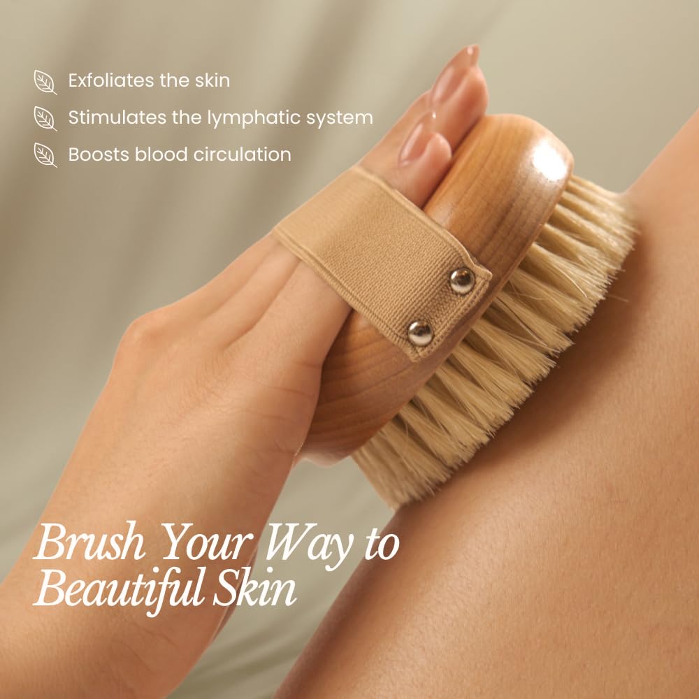 Bare Botanics Dry Body Brush for Lymphatic Drainage - Improve Circulation w/Gentle Exfoliation for Soft Skin - Ergonomically Designed w/Elastic Strap - Soft but Firm Natural Boar Bristles