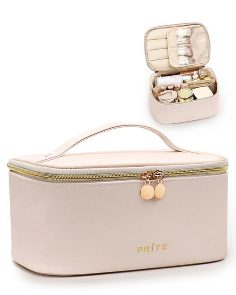 Prite Makeup Bag, Large Capacity Portable Travel Cosmetic Bag, Waterproof Makeup Organizer for Women with Handle and Divider(Pearl White)