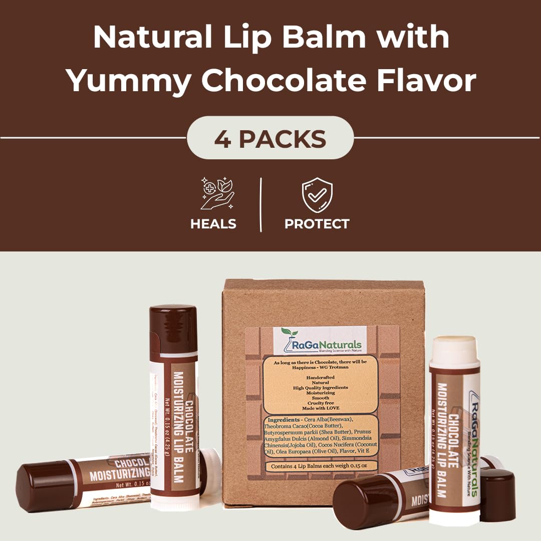 RaGaNaturals Natural Chocolate Lip Balm - Beeswax, Shea Butter, Jojoba Oil, Vitamin E - Smooth, long lasting Hydration, Moisturization for Dry & Cracked Lips - Gift -Handmade in USA (4 Pack)