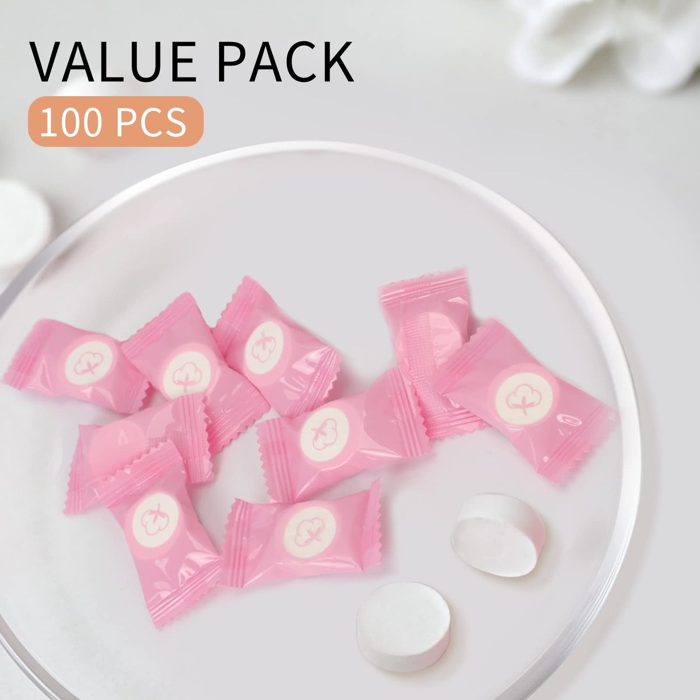 SyuCeia Compressed Towels Tablets - 100% Cotton, 100PCS Portable & Disposable Face Cloths for Travel, Camping, Hiking & Makeup Removal (Pink)