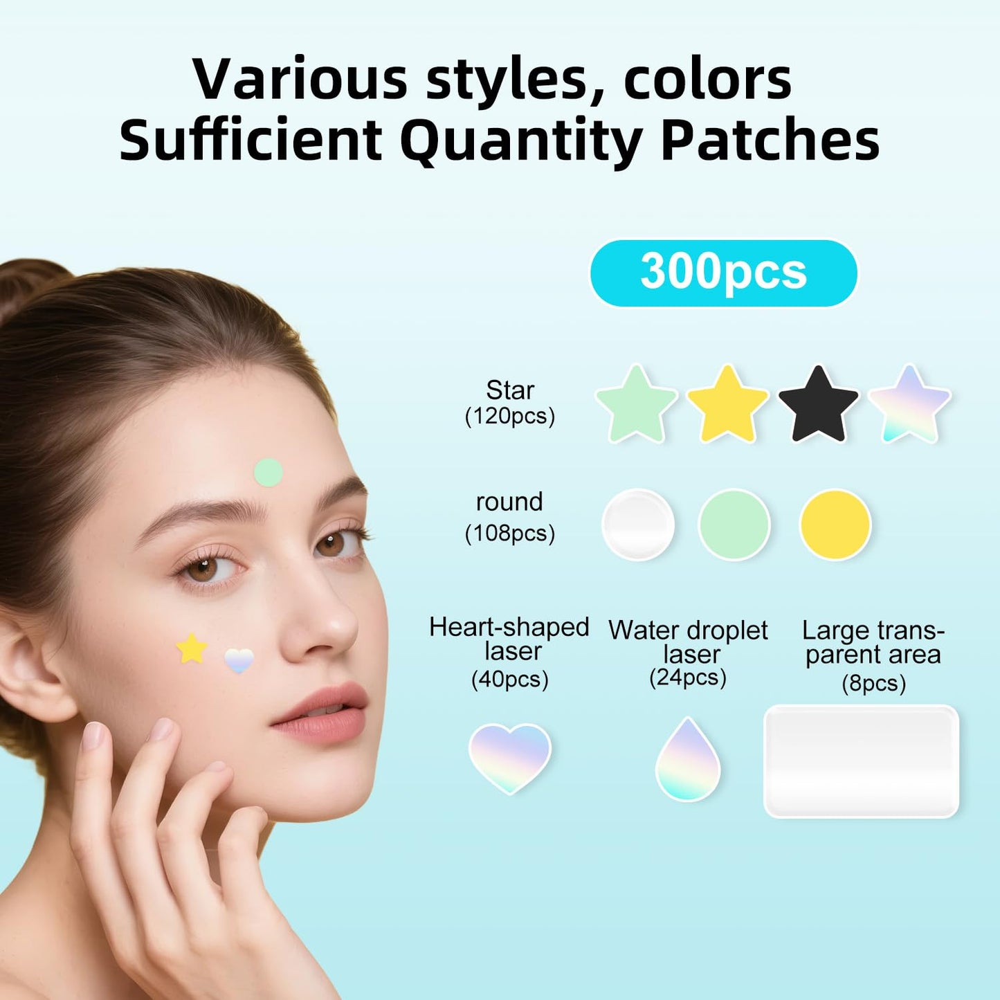 Pimple Patches for Face, Various styles, colors, Large Hydrocolloid Pimple Patches, 300 Count Pimple Patche, Good for blemishes with a head and visible gunk, With a Cute mirror case
