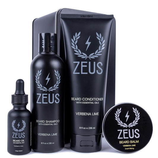 ZEUS Everyday Beard Kit for Men, Facial Hair Shampoo, Conditioner, Oil, Balm & Tin Gift Box, Premium Father's Day Beard Care & Grooming Set (Made in USA) Verbena Lime