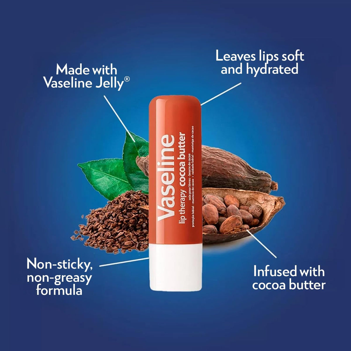 Vaseline Hand Cream 2-Pack – Hydra Replenish Crème with Hyaluronic Acid, Niacinamide & Cocoa Butter for Soft Skin + Cocoa Butter Lip Therapy Tube with Petroleum Jelly
