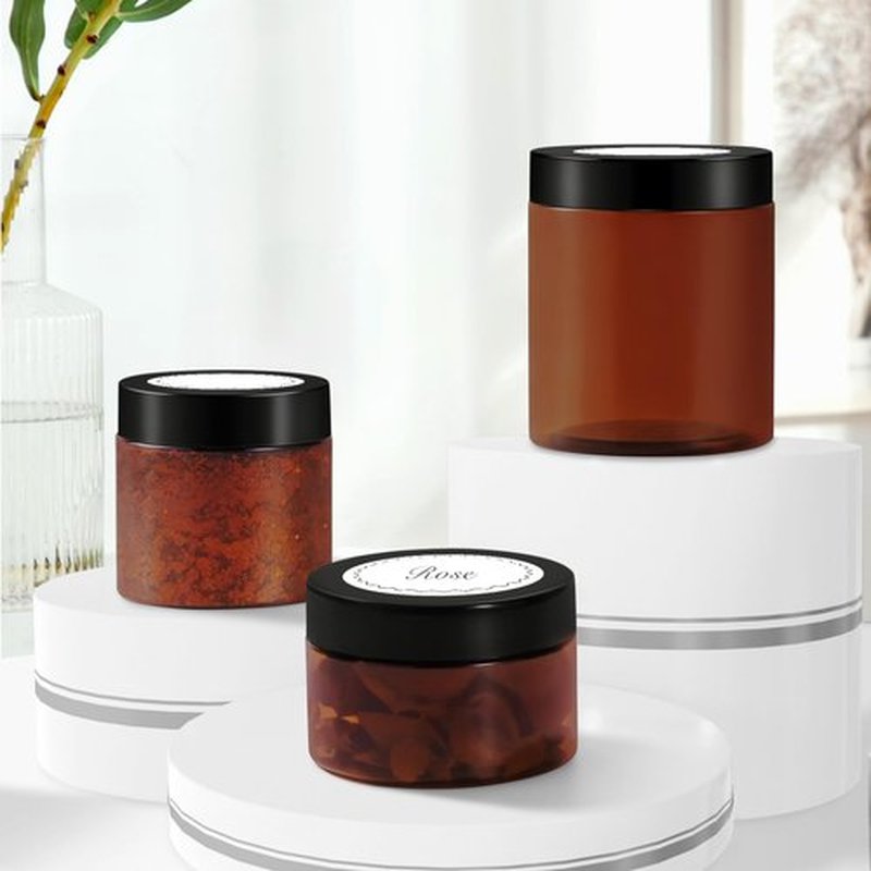 8 Pack 1 OZ Amber Plastic Jars with Lids Cosmetic Container, Elumeiro Small Round Cream Jar Refillable for Scrubs, Lotion, Powder, ointment, Makeup, Food Storage, Slime