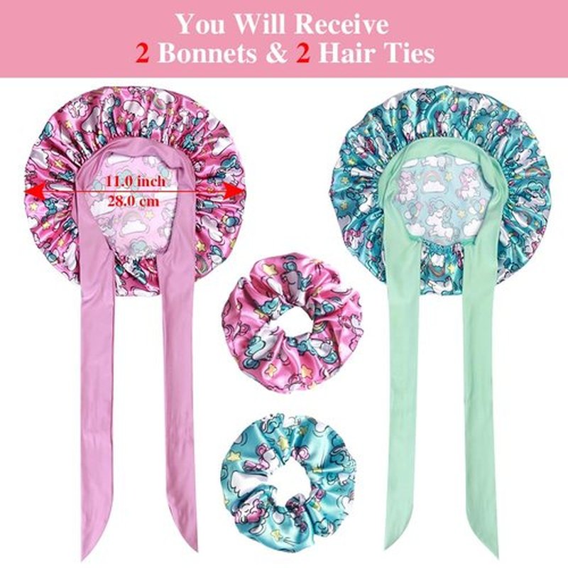 2+2 Satin Bonnets with Scrunchies for Kids, Cute Hair Bonnets for Girls Sleeping Curly Hair, E