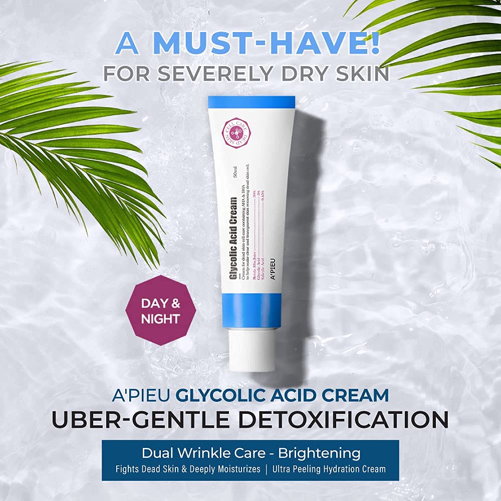 A’PIEU Glycolic Acid Cream 1.69 fl oz - AHA BHA Exfoliating Moisturizer with Glycolic & Salicylic Acid | Hydrating Daily Peeling Gel Cream for Smooth, and Clear Skin. Korean Skincare