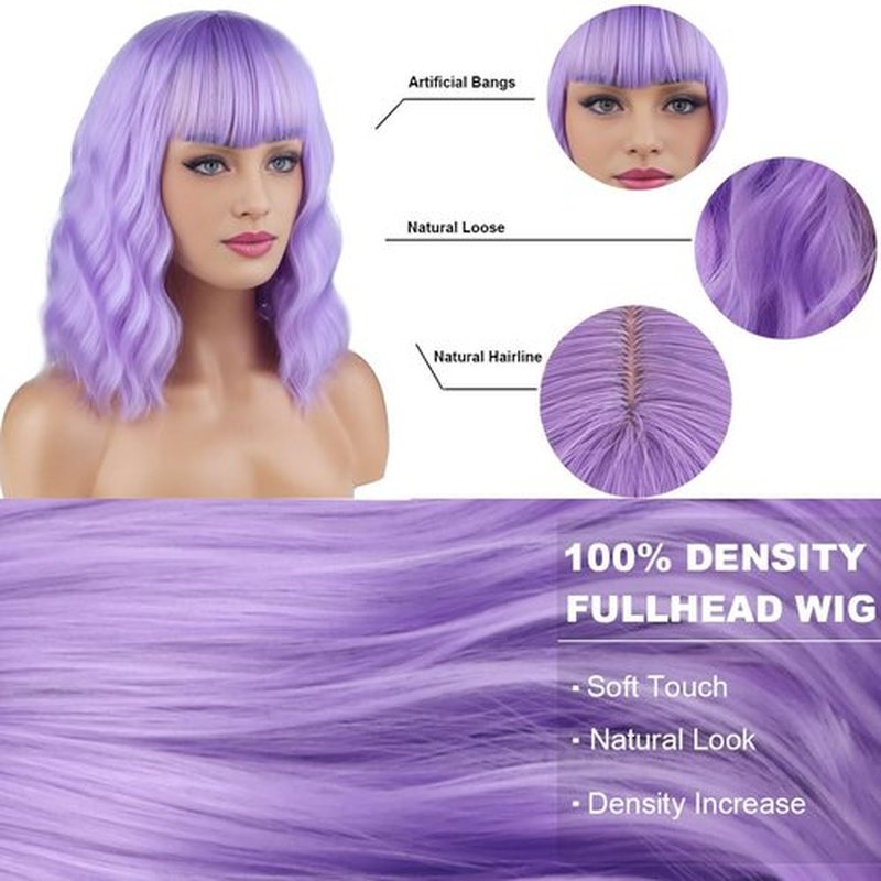 BERON 14 Inches Purple Wig for Women Short Curly Wig Purple Wig with Bangs Light Purple Wigs for Women Lavender Wig Colorful Wigs with Wig Cap