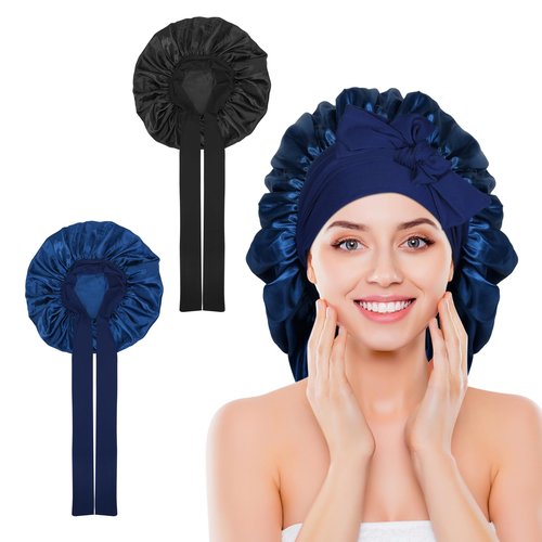 Arqumi 2 Pcs Satin Silk Bonnet for Sleeping Women, Large Long Strap Tie Band Adjustable Sleep Night Cap Hair Bonnet Wrap for Men, Black+Navy Blue