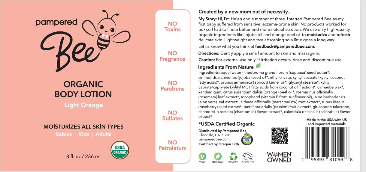 Pampered Bee - Organic Body Lotion (Light Orange) for Babies, Toddlers and Kids, With Capuaçu Seed Butter and Marshmallow Root - Moisturizing, Softening, Hydrating, 8 oz