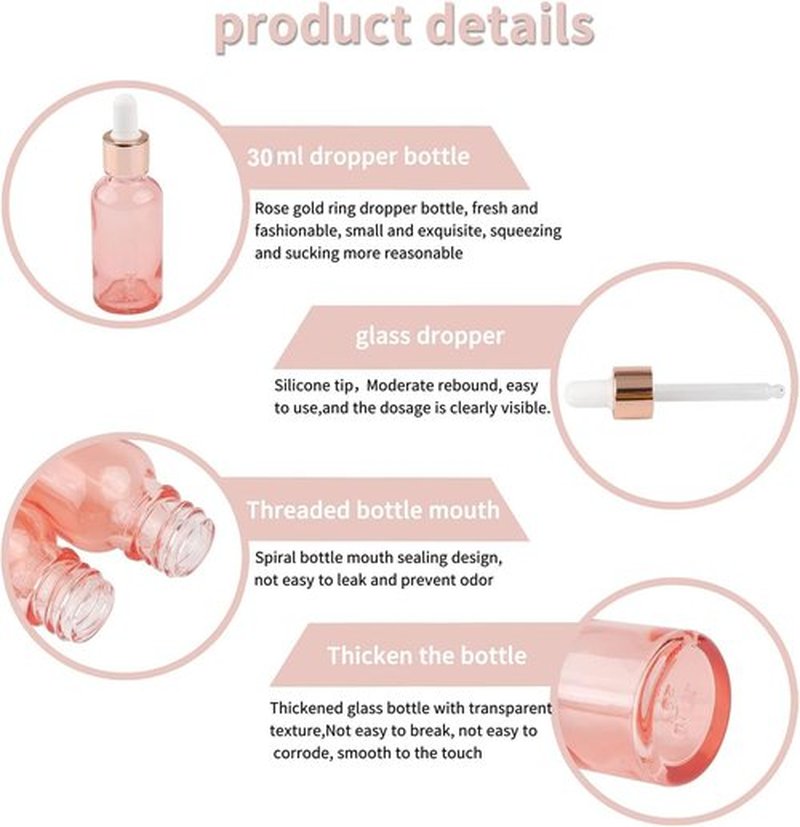 Kesell 8 Pack 30ml Pink Dropper Bottles, 1 oz Empty Refillable Glass Sample Vials for Essential Oils DIY Perfume Container, With Rose-Gold Cap And 3 Funnel