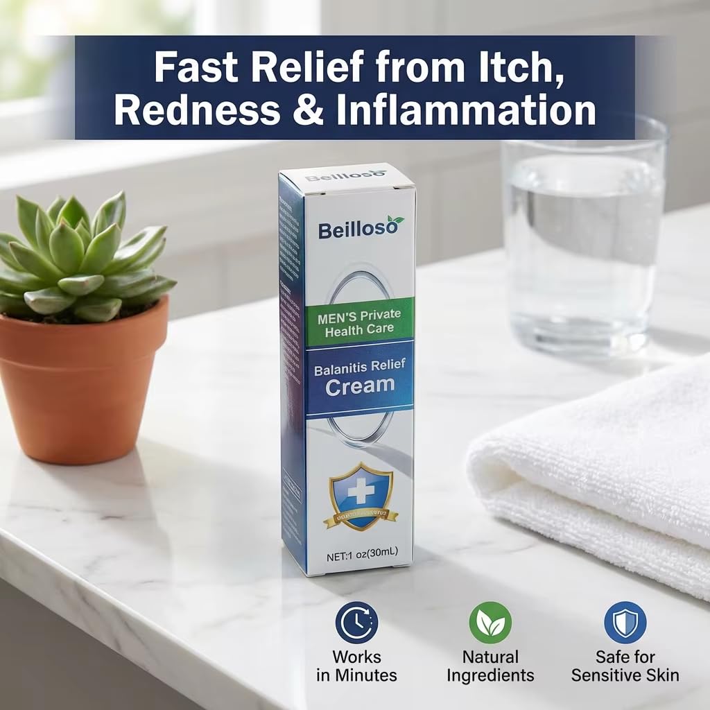 Beilloso Balanitis Relief Cream for Men — Fast-Acting Anti-Fungal Treatment for Intimate Itch, Redness & Inflammation | Vacuum Pump Design | Steroid-Free, Verified Male Intimate Care | 1.01 fl oz