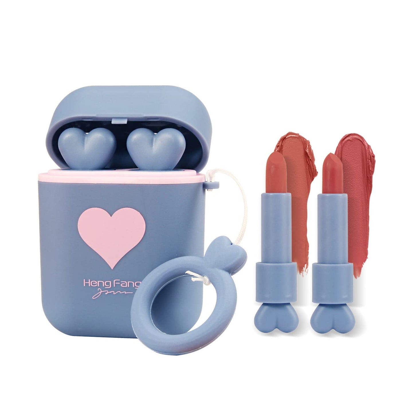 LAMUSELAND Matte Lipstick, 2Pc/Set Waterproof Long Lasting Moisturizing Lip Stain Earphone Dual-color Lip Gloss Primer, Non-stick Cup Lip Make Up Gift Kit for Girls (Red)