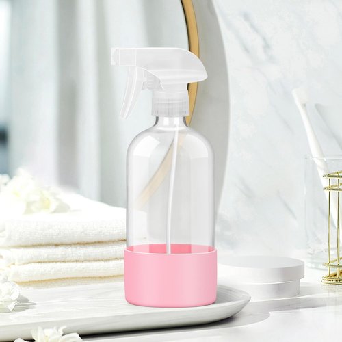 Rionisor Glass Spray Bottles with Silicone Sleeve Protection, Empty 16 oz Refillable Containers, Reusable Spray Bottles with Adjustable Nozzle for Hair, Cleaning Solutions, 3 Pack Pink