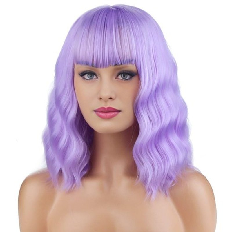 BERON 14 Inches Purple Wig for Women Short Curly Wig Purple Wig with Bangs Light Purple Wigs for Women Lavender Wig Colorful Wigs with Wig Cap