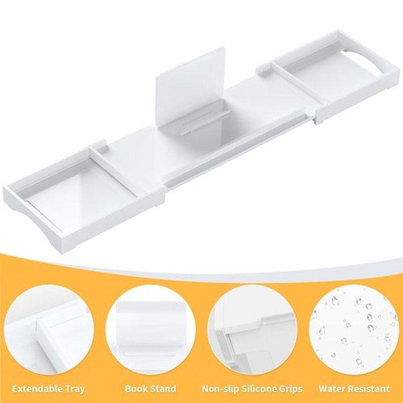 Bathtub Tray Caddy Table for Tub - Rulyyo Tub Tray Bath Caddy Tray for Bathtub, White 23-42.5 Inch Expandable Over The Tub Bath Tray for Bathtub, Waterproof Bathtub Caddy Tray for Luxury Bath