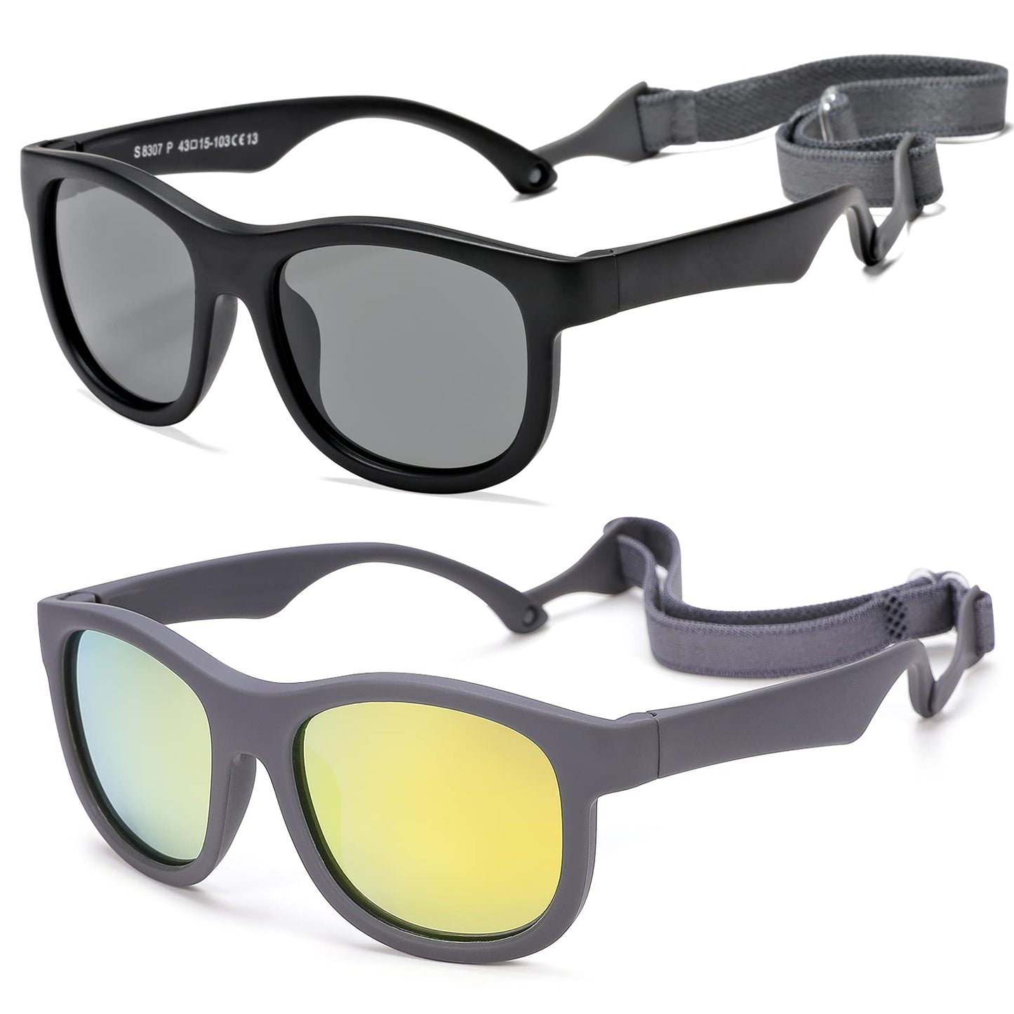 NULOOQ Flexible Polarized Baby Sunglasses with Adjustable Strap for Toddler Newborn Infant Age 0-24 Months, 100% UV Protection (Black/Gray + Gray/Gold Mirrored) - 2 Pack
