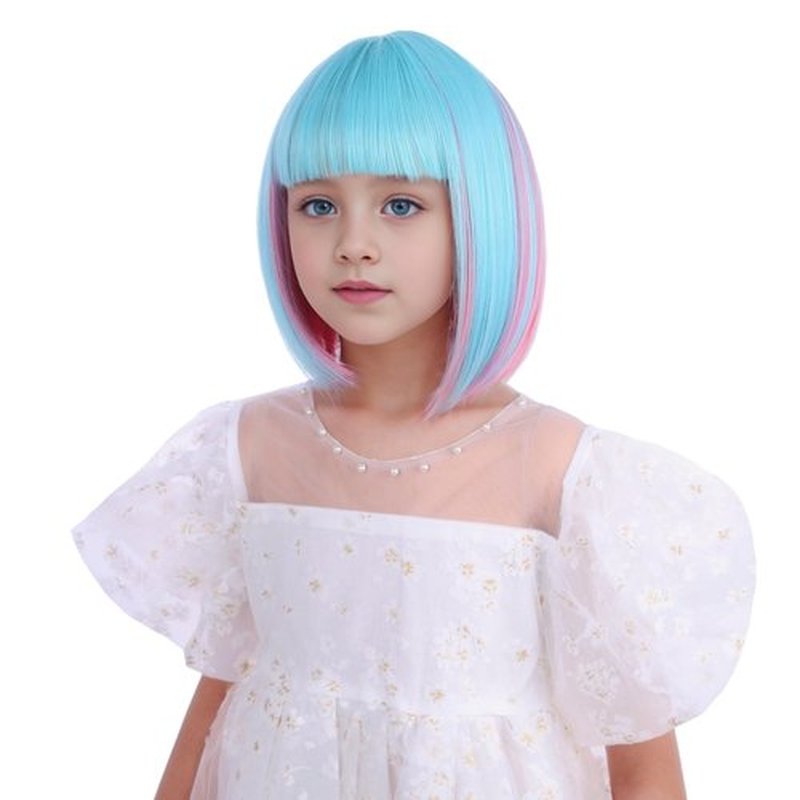 Edivd Girls Blue Mixed Pink Bob Wig Kids Short Pink Mixed Blue Bob Wig with Air Bangs Child Rainbow Bob Wig Heat Resistant Synthetic Wig with Wig Cap