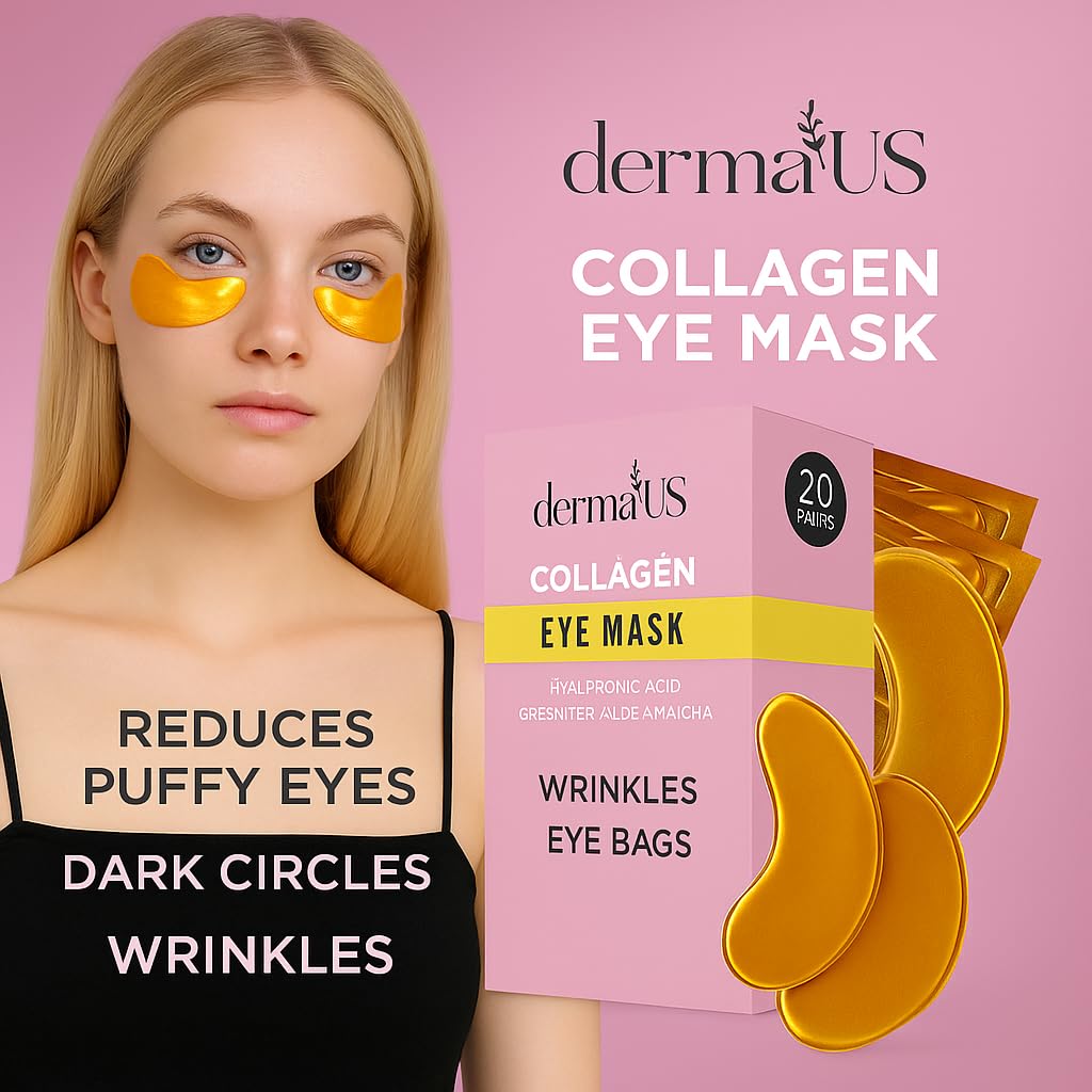 dermaUS Under Eye Patches – 20 Pairs Collagen Gold Eye Mask with Hyaluronic Acid, Green Tea, Aloe & Matcha – Puffy Eyes, Dark Circles, Wrinkles & Bags Treatment – For All Skin Types