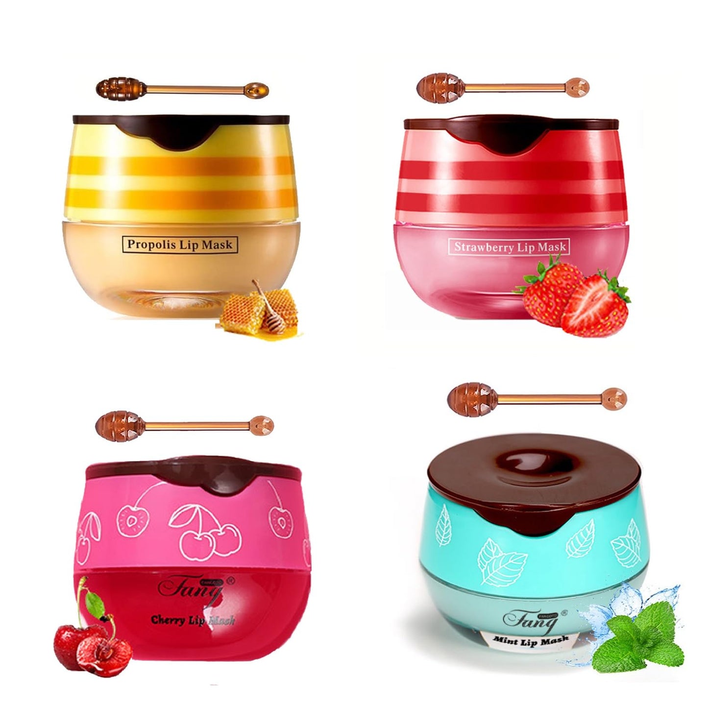 4 PCS Bee Lip Balm Honey Pot, Lip Mask, Honey & Strawberry & Cherry & Mint