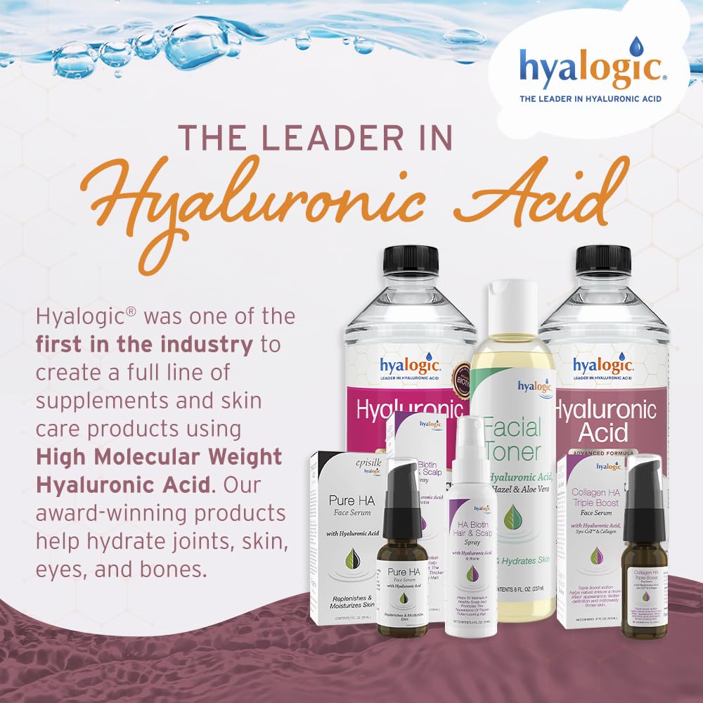 Hyalogic Liquid Hyaluronic Acid Supplement - Ingestible Skin Support with 100mg HA and 100mg MSM - Natural Hydration for the Face, Eyes and Lips - High Molecular Weight Formula - 12 oz