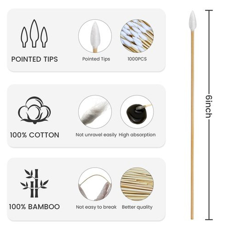 200PCS Precision Long Cleaning Swabs, 6 Inch Pointed Cotton Swabs - Lint Free Sturdy Cotton Swabs with Bamboo Handle - Long Cotton Swab for Gun Cleaning, Makeup, Electronic