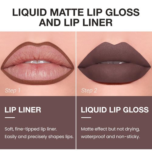 JUAAZIN 2pcs Light Brown Matte Lip Liner and Lipstick Makeup Set, Vegan Lipstick Lip Liner and Gloss Set Lip Stain Long Lasting Waterproof Smudge-Proof Properties Non-stick Cup(Light Brown 05#)