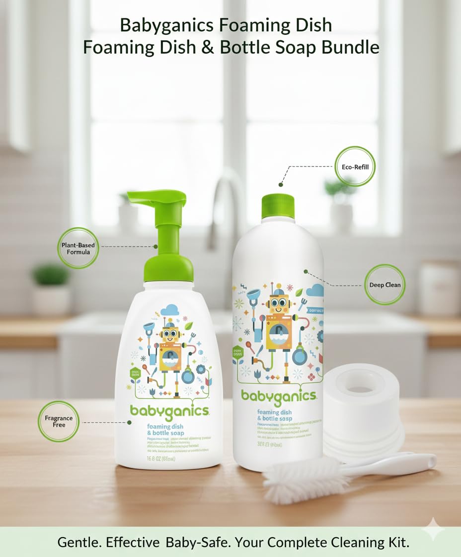 LuxProdX Baby ganics 16 Ounce Dish Dazzler Foaming Dish and Bottle Soap with Refill Kit BUNDLED with Two (2) Bottle Brushes BONUS