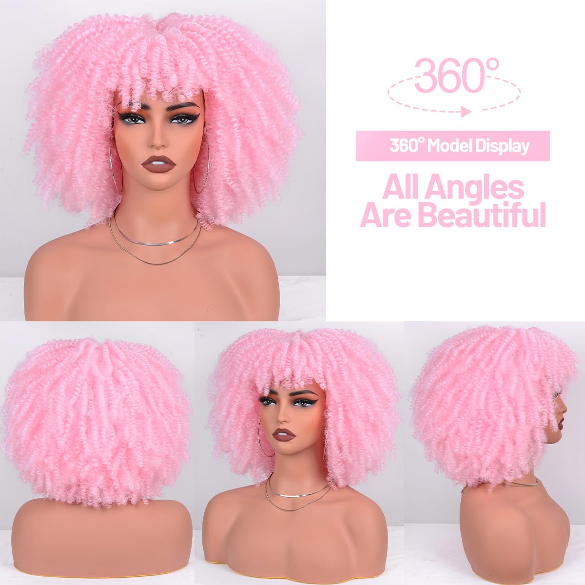 Vitorish Afro Kinky Curly Wig with Bangs 12 Inches Synthetic Full Wigs about 280g/Piece Heat Resistant Short Kinky Curly Wigs for Daily Party Cosplay Pink Wig