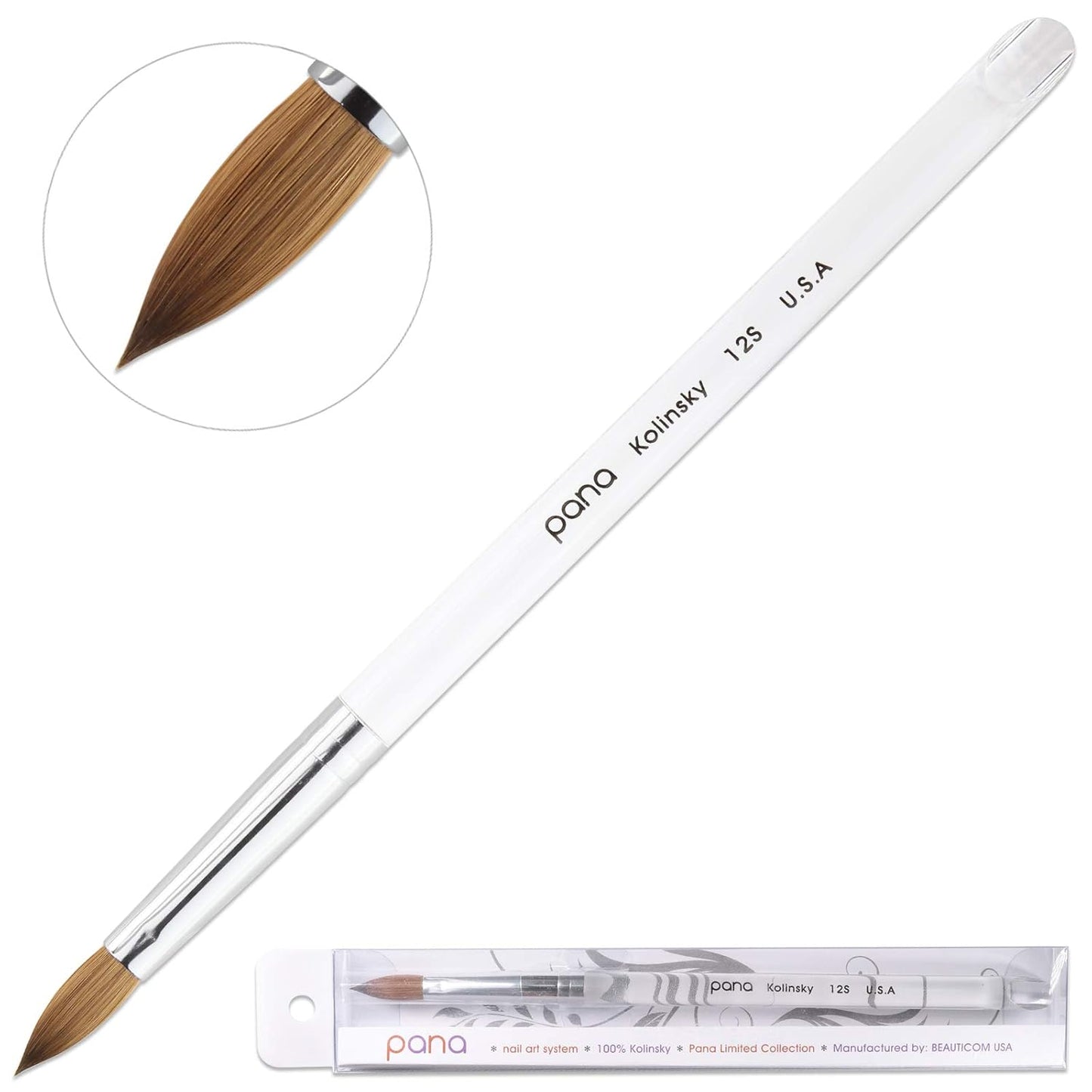 Size 10 PANA Pure Kolinsky Acrylic Nail Brush - Oval Crimped Clear Handle
