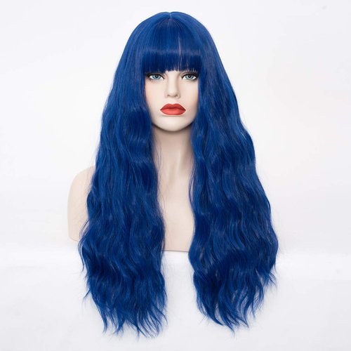 WGPFWIG Women's Navy Blue Wig 27 Inches Long Curly Wavy Hair Wig Heat Resistant Fibers Synthetic Wig For Women Girl Cosplay Party Halloween Wig Cap Included (Navy Blue)