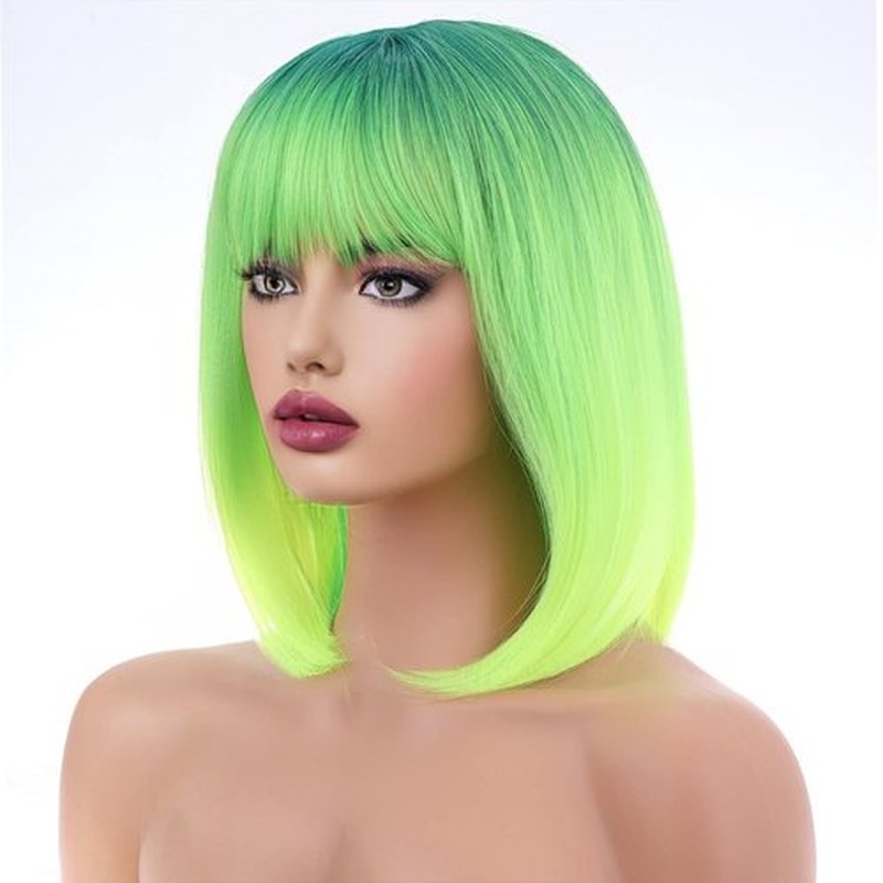 WTHCOS Neon Green Bob Wigs Ombre Green Wig for Women Short Straight Wig with Bangs Lime Green Wigs Synthetic Heat Resistant Wigs ST Patricks Day Wig Halloween Party Wig with Wig Cap